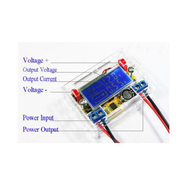 DC DC Spannungsregler, Abwärtsregler, Spannung über Tasten einstellbar  (dauerhaft). Mit digitaler LCD Anzeige und Acryl-Gehäuse.